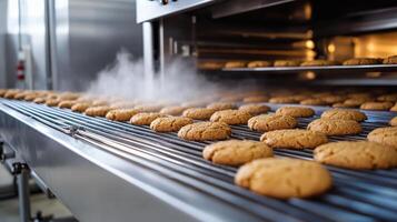 Industrial Cookie Production Line - Fresh Baked Cookies on Conveyor Belt photo