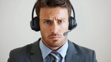 Frustrated Business Professional Wearing Headset photo