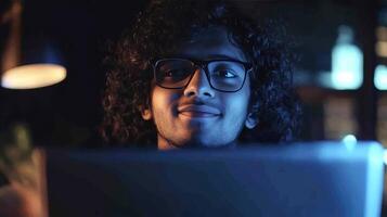 Focused Young Person at Night Studying on Laptop photo