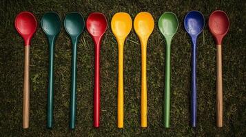 Colorful Wooden Spoons on Grass - A Vibrant Kitchen Utensil Display photo