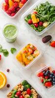Colorful and Healthy Meal Prep Containers with Fresh Fruits and Vegetables photo