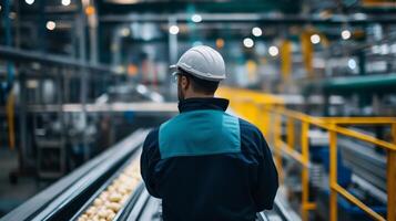 Factory Worker Overseeing Potato Production Line photo