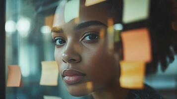 Close-up of a Woman Contemplating Behind a Window with Post-it Notes photo