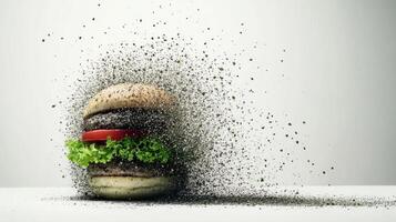Burger disintegrating into black dust particles on white background photo