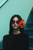 Girl with Bright Blooms by Face photo