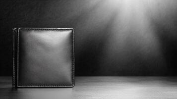 Black leather wallet on a dark reflective surface photo