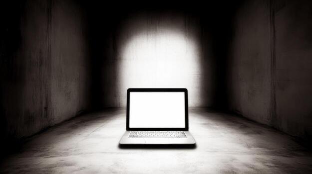 Laptop with blank white screen in a dark room photo