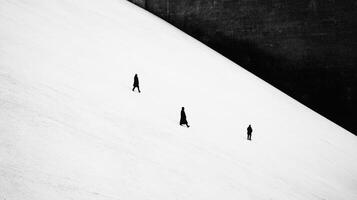 Solitary Figures Walking on Diagonal Slope in Black and White photo