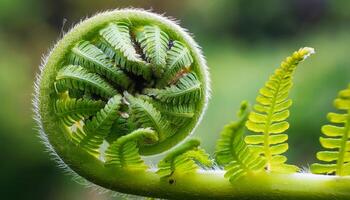 Green Fern Unfurling in a Lush Forest During Spring, Showcasing Intricate Spiral Growth Patterns photo