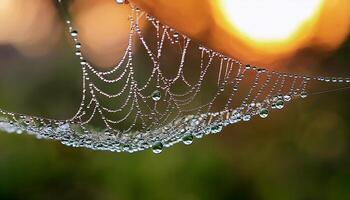 Dew-covered Spider Web Glistens in Soft Sunlight at Dawn in a Tranquil Natural Setting photo