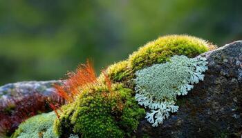 Close-up View of Vibrant Moss and Lichen on a Rock During Daylight in a Natural Setting photo