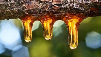 Golden Resin Drips From Tree Bark in a Serene Forest During Sunny Daylight Hours photo