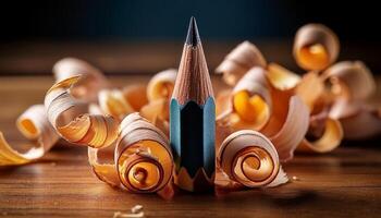 A Sharpened Colored Pencil Stands Upright Surrounded by Shavings on a Wooden Surface photo