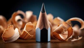 Close-up View of a Sharpened Pencil Surrounded by Wooden Shavings on a Dark Background photo