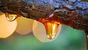 Golden Resin Droplets Form on a Tree Branch in a Forest During Late Afternoon Sunlight photo