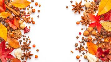 A frame of spices nuts and foliage with an empty space in the center photo