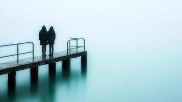 Mysterious Figures on Foggy Pier Landscape View photo