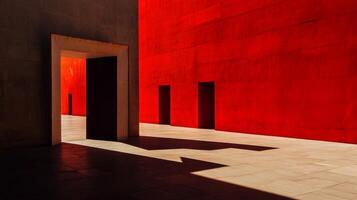 Vibrant Red Wall with Doorways and Strong Shadows photo