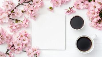 Spring Cherry Blossoms with Coffee and Blank Card photo