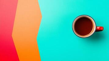 Red mug with hot drink on colorful background photo