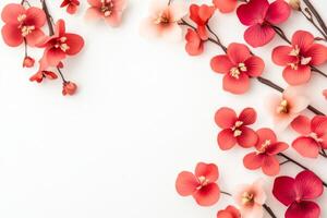 Elegant floral border of red blossoms on white backdrop photo