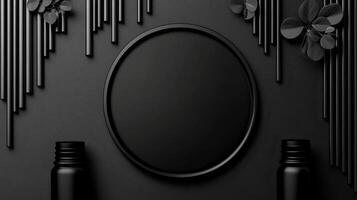 Black plate on dark textured background with cylindrical rods and bottles photo