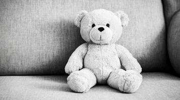 Fluffy teddy bear sitting on a sofa photo