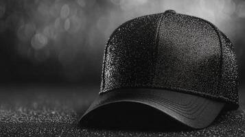 Black glitter baseball cap close up photo