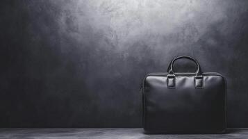 Sleek Black Leather Briefcase Against a Dark Concrete Background photo