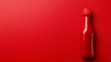 Red bottle of tomato ketchup on red surface photo