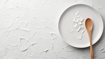 White Plate with Spoon on Textured White Surface photo