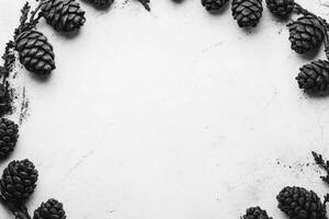 Pine cone frame on textured backdrop photo