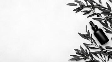 Black dropper bottle framed by olive branches photo