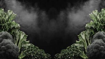 Broccoli and kale border with black smoke background photo