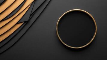 Top View of Gold Rimmed Black Plate with Layered Background photo