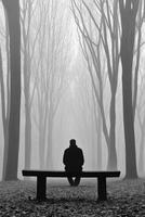 Man sits bench foggy forest photo