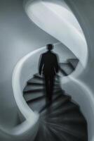 Silhouette man descends spiral stairs photo