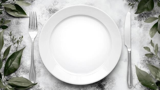 Empty plate fork knife leaves photo