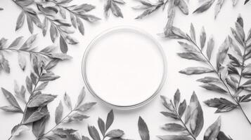 Glass Cream Container with Leaf Frame on White Background photo