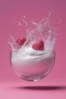 Raspberries Splash in Cream Bowl photo