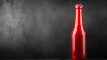 Elegant Red Glass Bottle with Condensation on Textured Surface photo