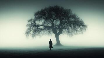 Lone Figure Walking Towards Eerie Tree in Thick Fog photo