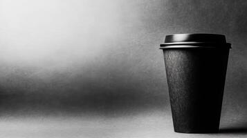 Monochrome black paper cup stands isolated against grey backdrop simple photo