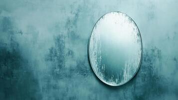 Oval Mirror Affixed to a Textured Blue Green Wall Surface photo