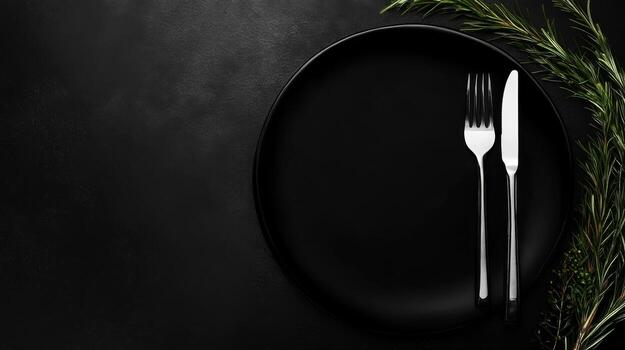 Black Plate Fork and Knife on Dark Background for Fasting Theme photo