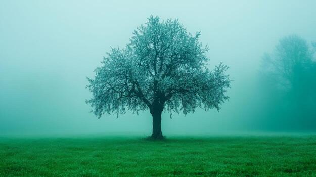 Solitary Tree in Full Bloom on Misty Meadow Landscape photo