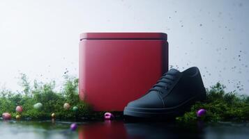 Modern black sneaker next to a red container with spring decorations, setting photo