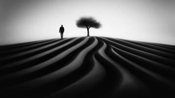 Solitary figure walks toward lone tree on wavy dunes, monochrome landscape photo