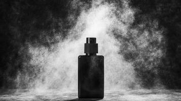Dark spray bottle with mist on the background, cosmetic product close up photo