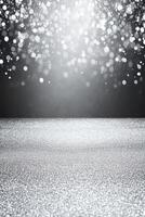 Abstract Silver Glitter Texture with Bokeh Light and Shiny Particles on Dark Backdrop photo
